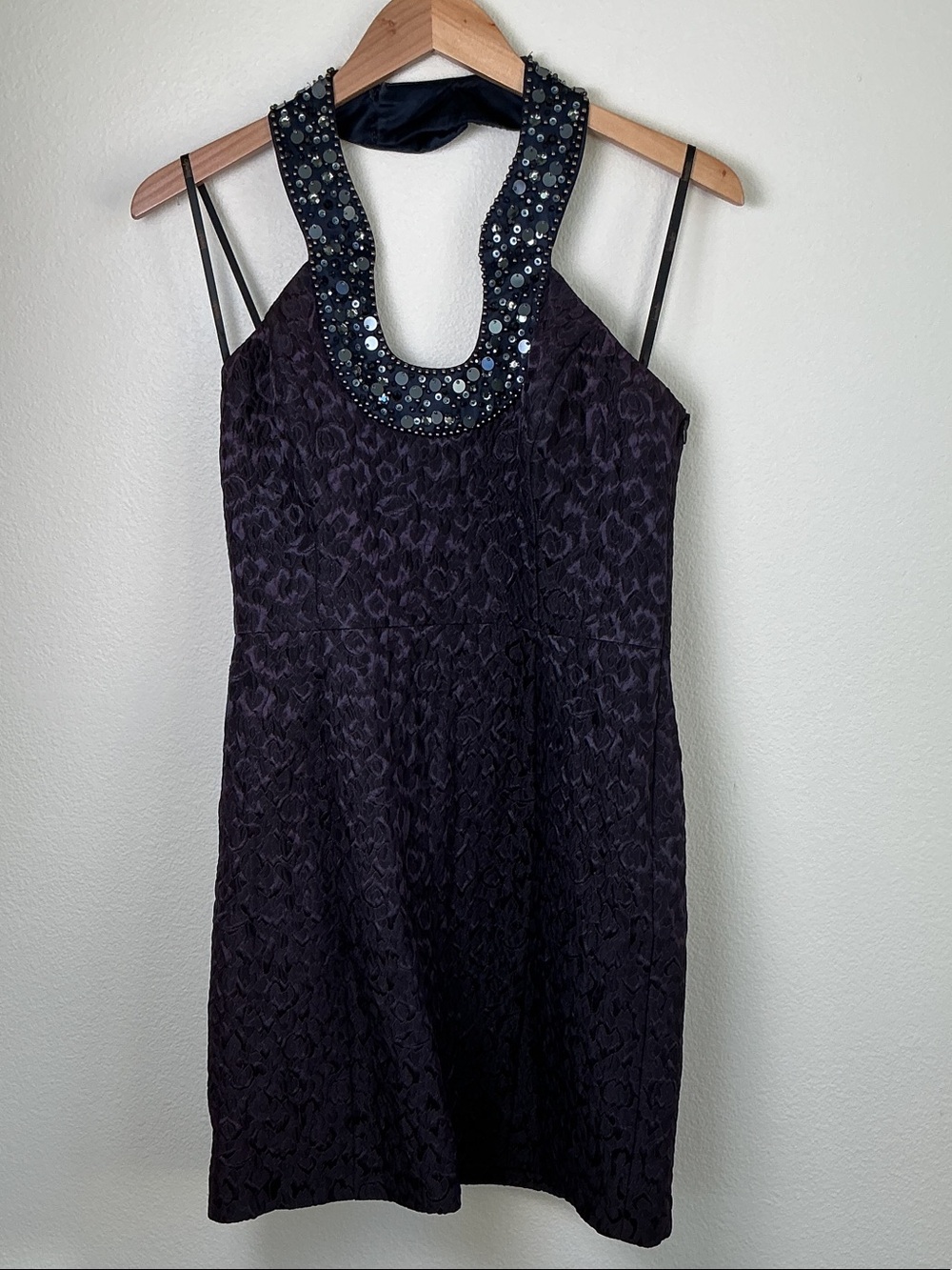 Laundry by Shelli Segal Beaded Halter Jacquard Cocktail Dress Navy Blue Violet 8